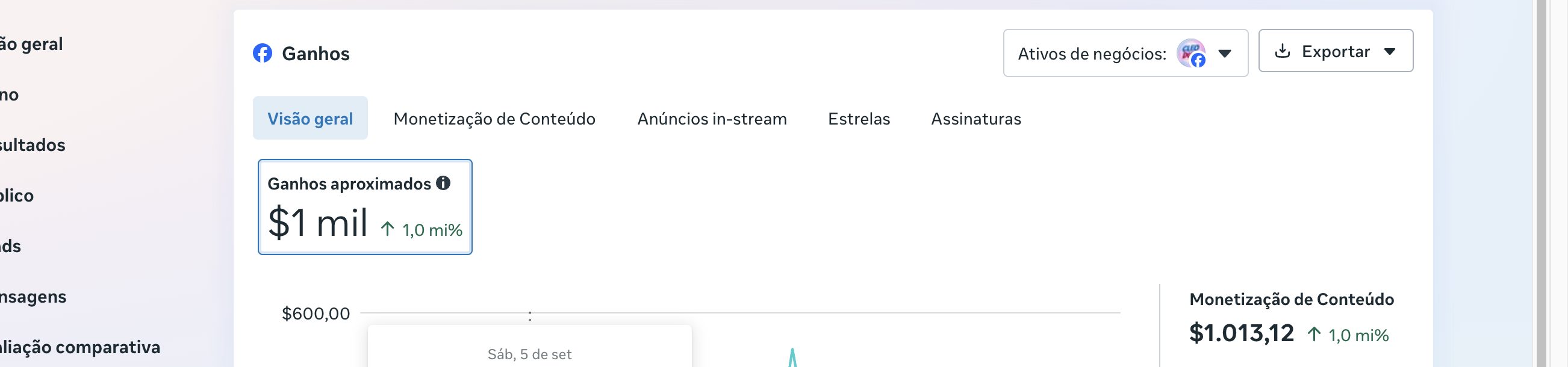 Print do painel de ganhos da Meta mostrando cerca de mil dólares aproximados